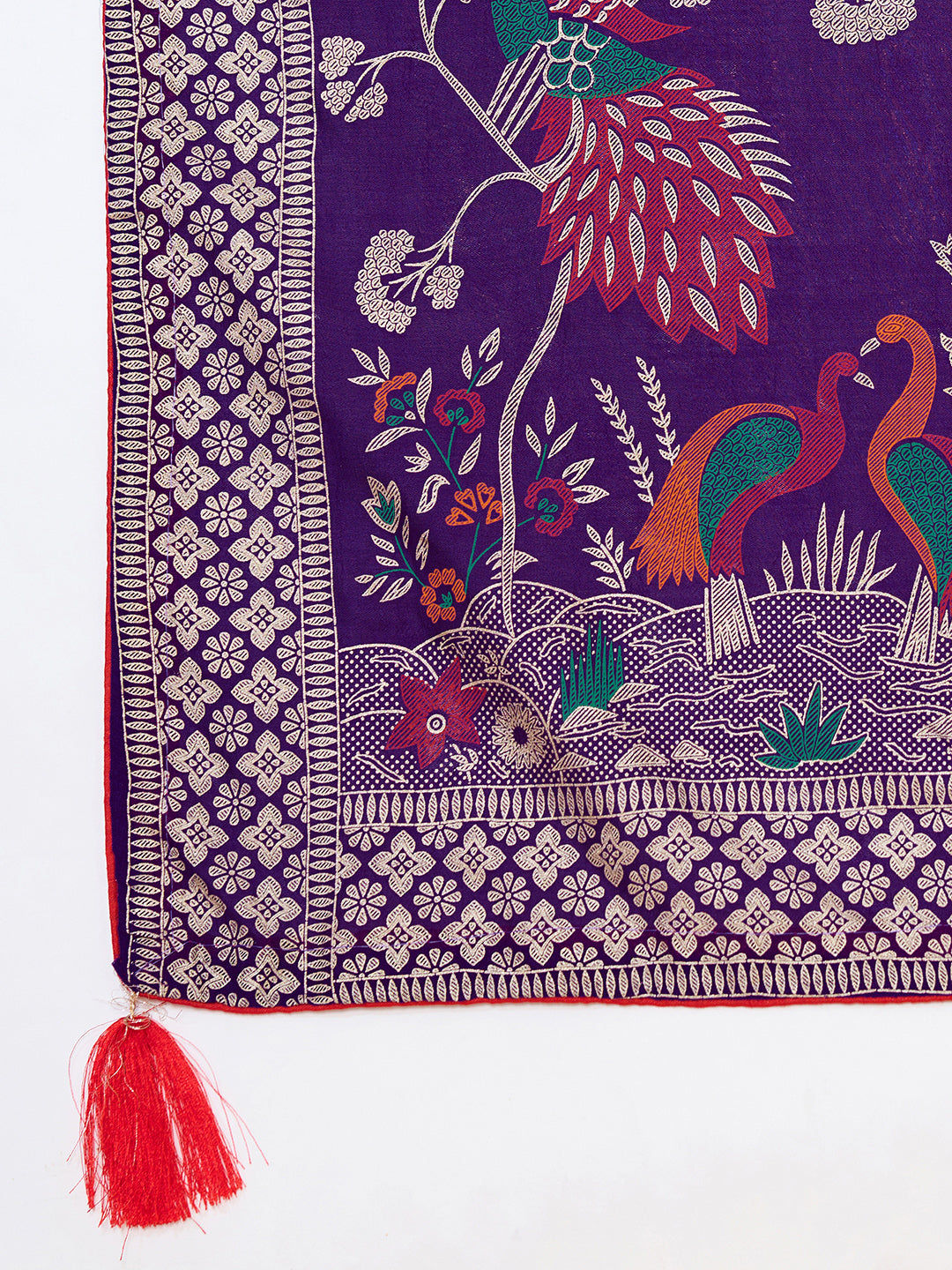 Purple Cotton Saree With Table Printed And Foil Work With Pipeing Border