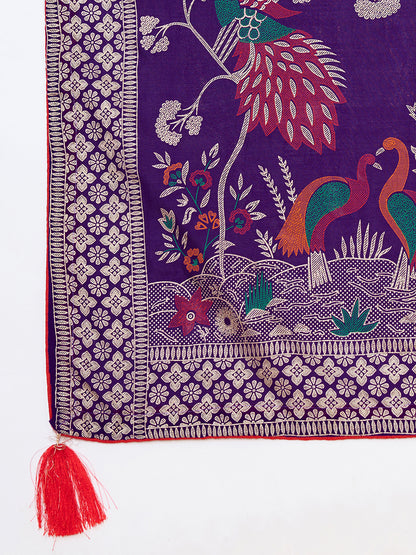 Purple Cotton Saree With Table Printed And Foil Work With Pipeing Border