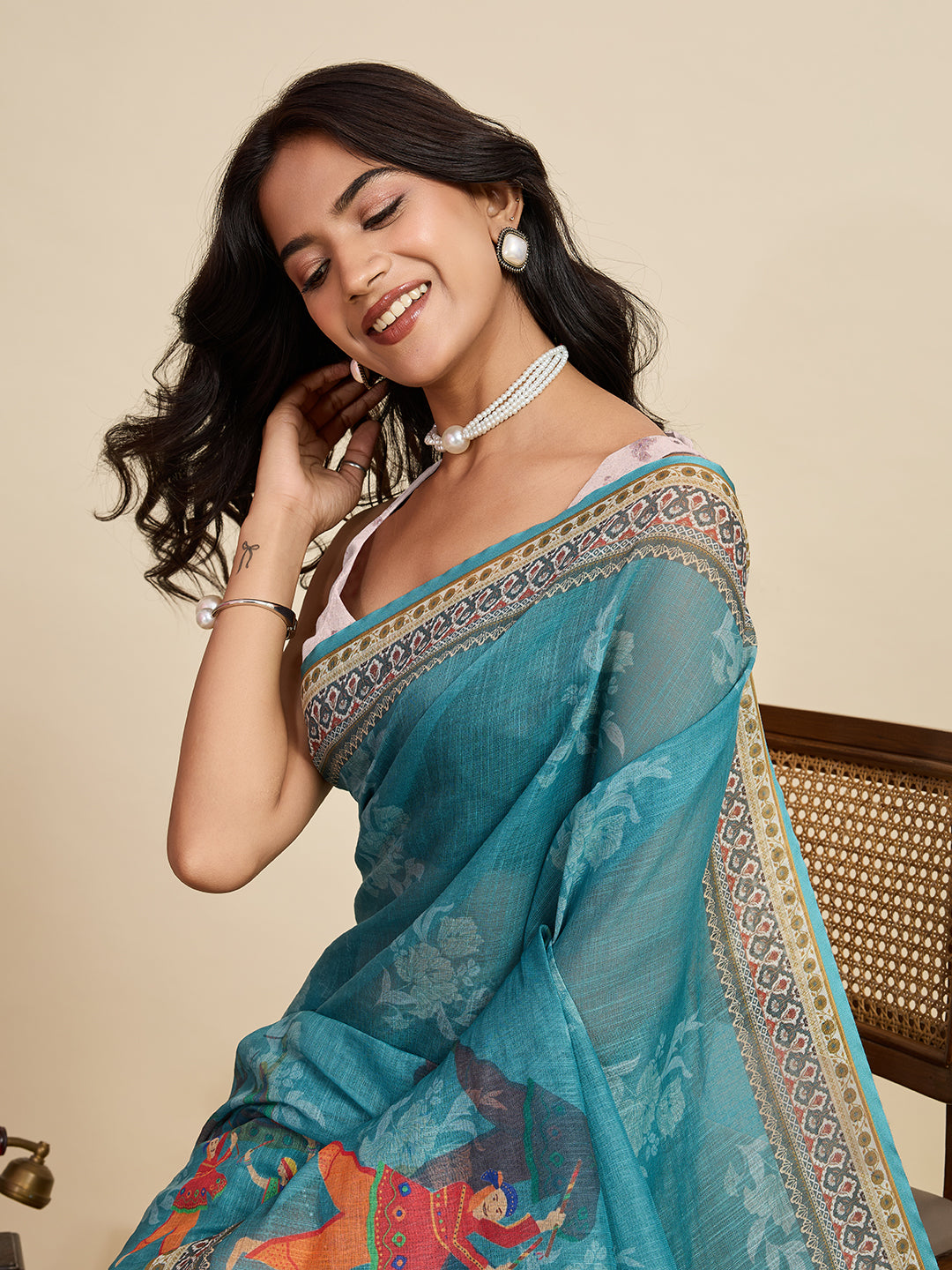 Rama Green Linen Cotton Saree With Digital Printed Work And Silver Zari Border