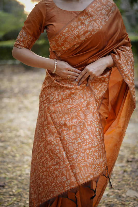 Orange Handloom Raw Silk Saree With Contrast Weaving Work