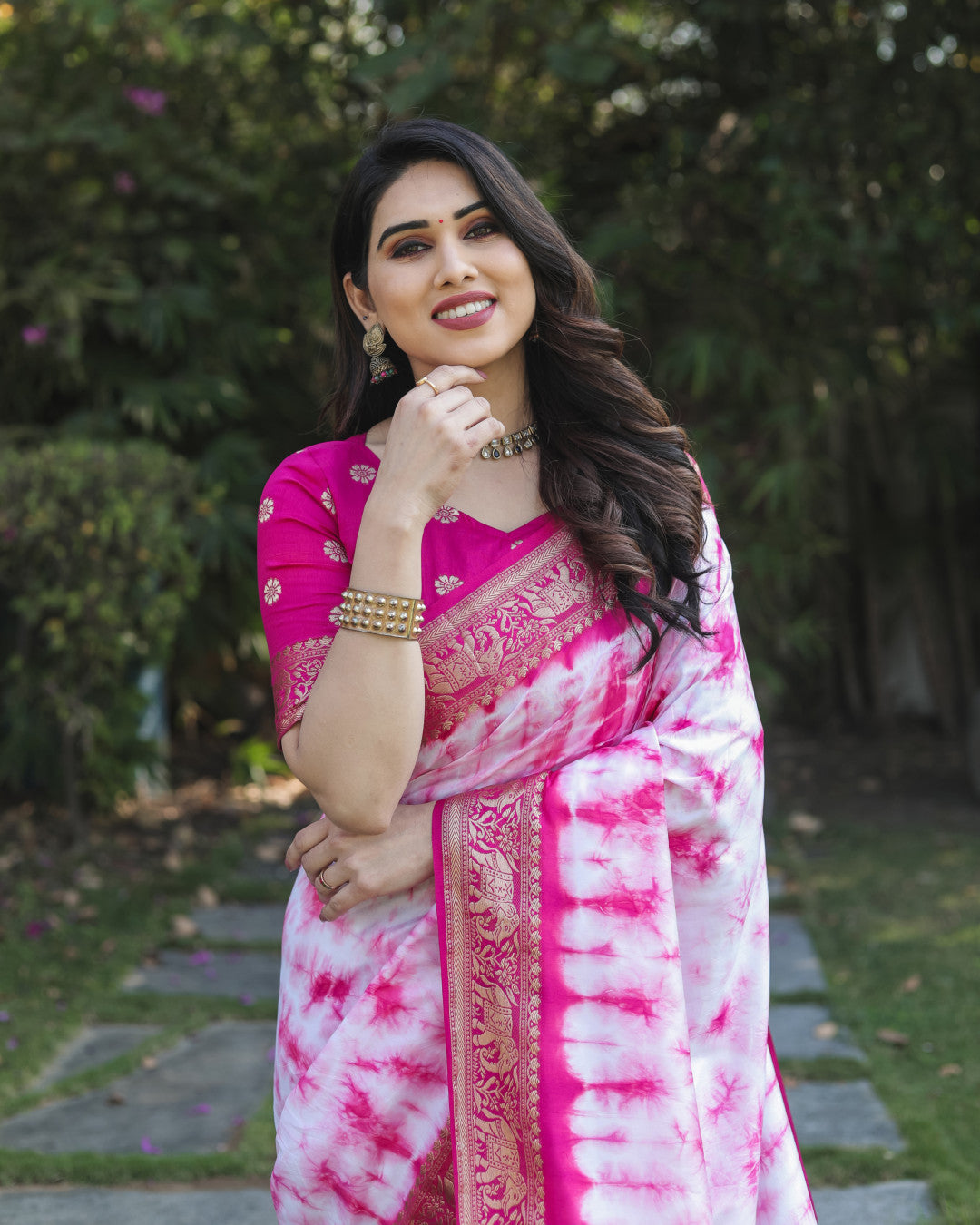 Rani Pink Color Dola Silk Saree With Shibori Printed Work