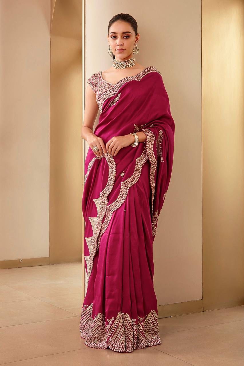 Rani Pink Vichitra Silk Saree With Fancy Thread Work With Sequins Work With Coding