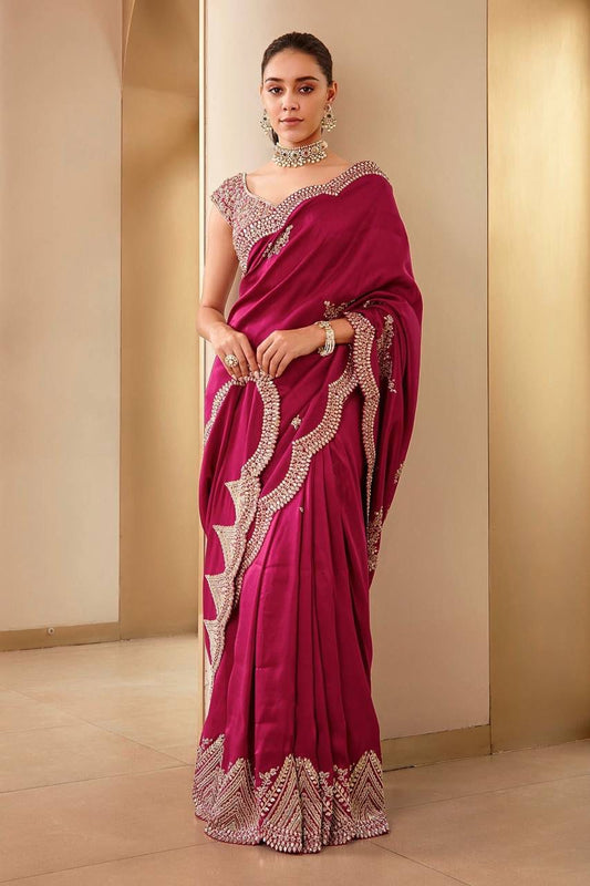 Rani Pink Vichitra Silk Saree With Fancy Thread Work With Sequins Work With Coding