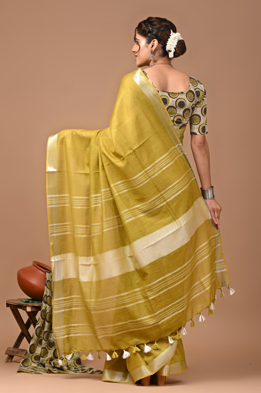 Mustrad Yellow Colour Pure Plain Linen Cotton Saree With Ajrakh Blockprinted Cotton Blouse