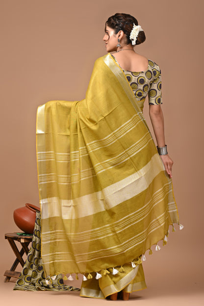 Mustrad Yellow Colour Pure Plain Linen Cotton Saree With Ajrakh Blockprinted Cotton Blouse