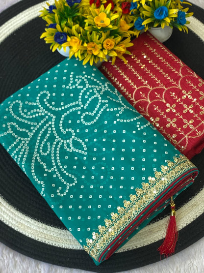 Firoji Color Georgette Bandhani Saree With Foil Print Work