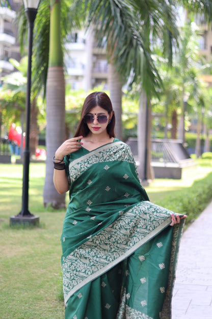Rama Green Color Soft Handloom Raw Silk Saree With Weaving Work