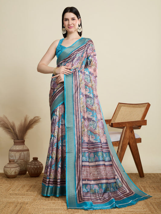 Multi Soft Cotton Saree With Digital Printed Pallu & Zari Border