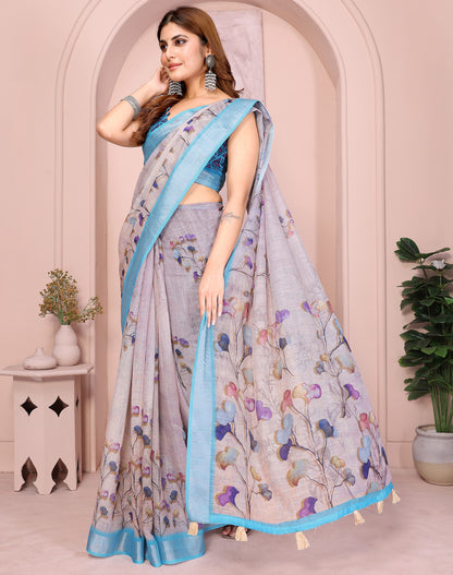 Lavender Linen Cotton Saree With Digital Printed Work And Silver Zari Border