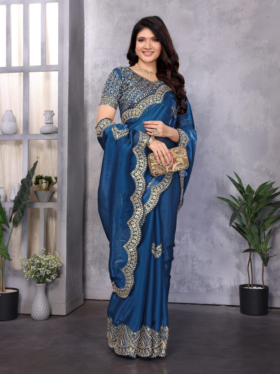 Blue Fancy Shimmer Chiffon Saree With Embroidery Work