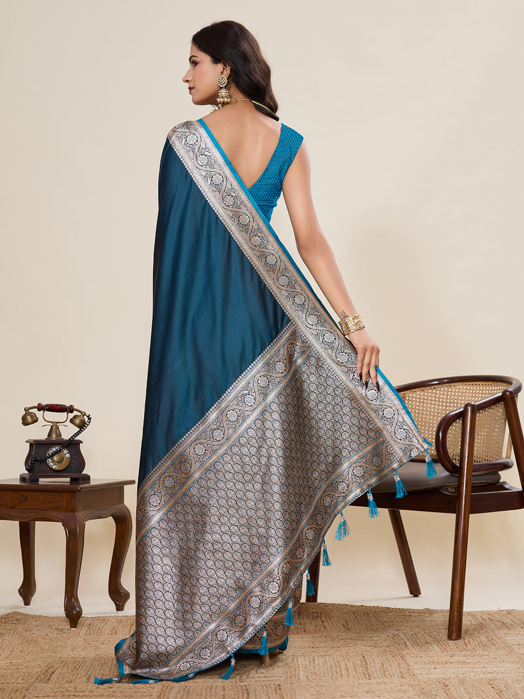 Firoji Soft Satin Silk Saree With Gala Border And Zari Weaving Work