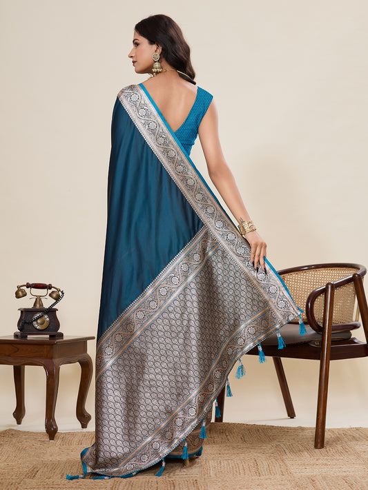 Firoji Soft Satin Silk Saree With Gala Border And Zari Weaving Work