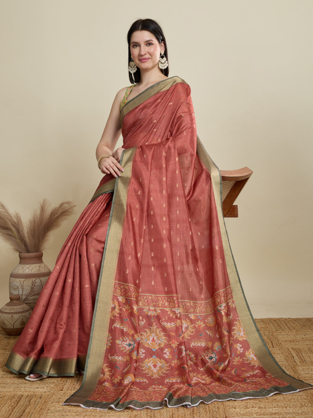 Red Soft Cotton Saree With Kalamkari Printed Pallu & Zari Border