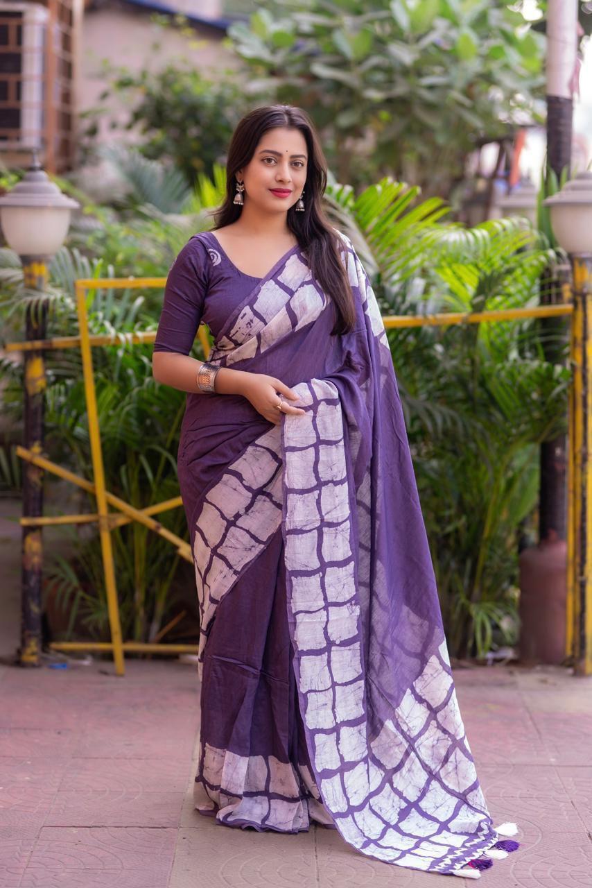 Purple Soft Cotton Saree With Batik Printed Work