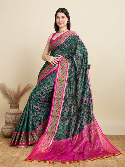 Dark Green Traditional Patola Silk Saree With Weaving Work