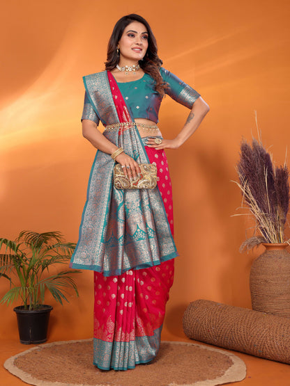 Rani Pink Traditional Banarasi Silk Saree With Zari Weaving Work