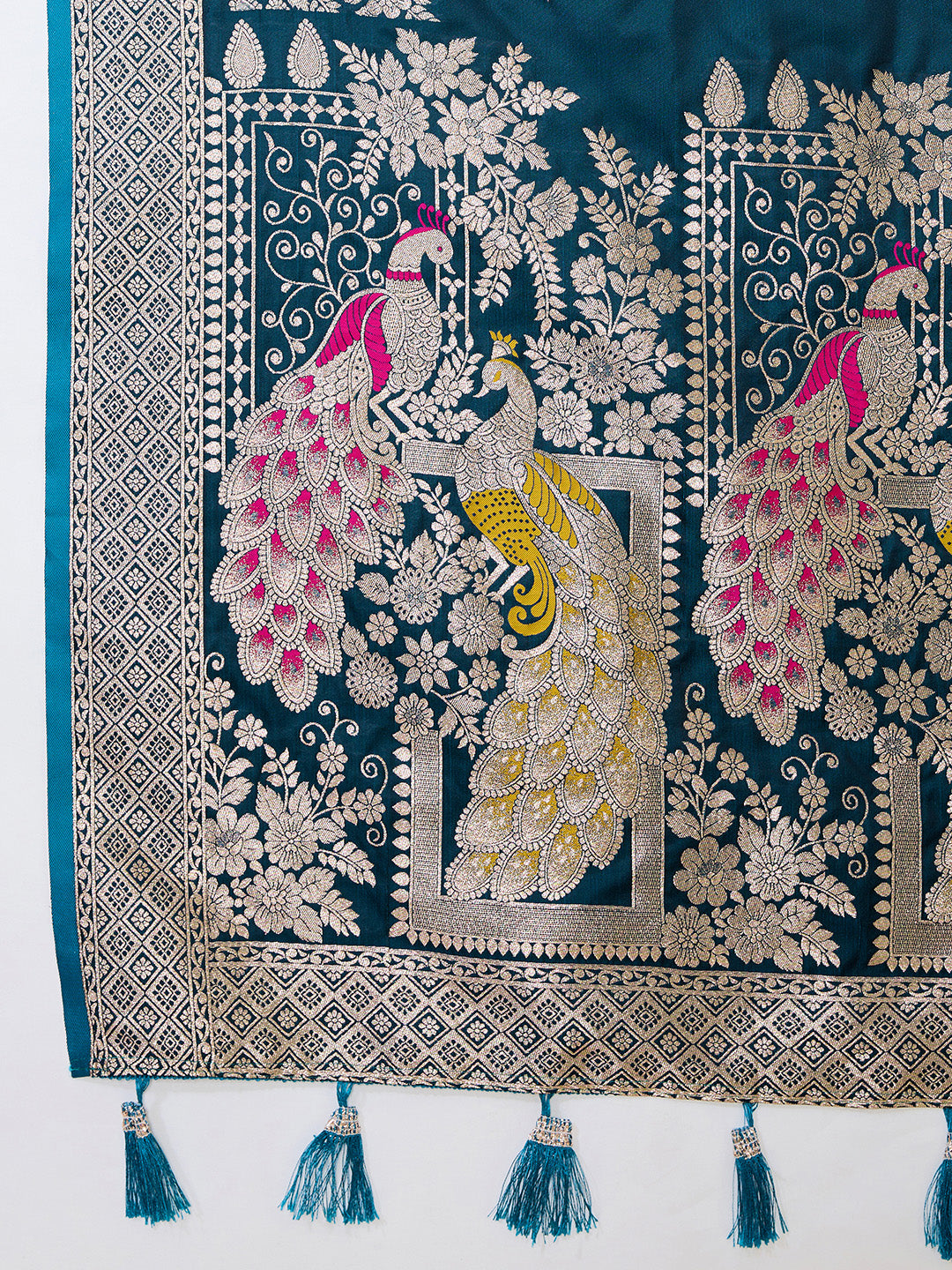 Firoji Soft Satin Silk Saree With Zari Weaving Work And Paithani Pallu