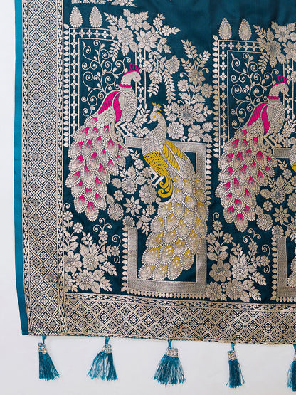 Firoji Soft Satin Silk Saree With Zari Weaving Work And Paithani Pallu