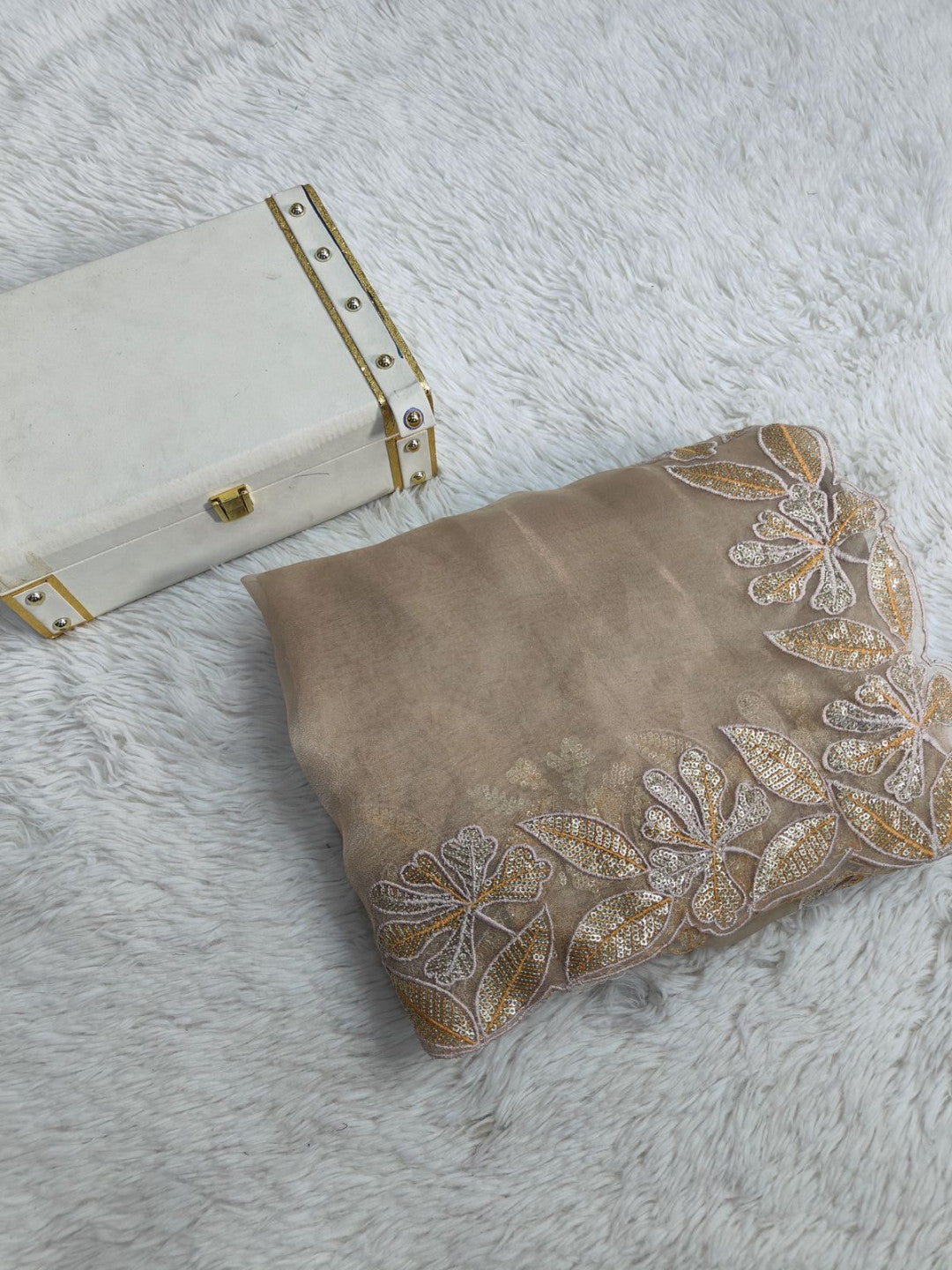 Beige Organza Silk Saree With Sequence Embroidery With Beautiful Cutting Border