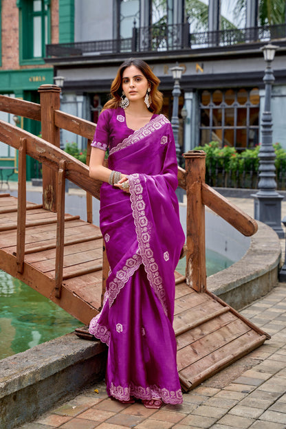 Magenta Fancy Shimmer Chiffon Saree With Embroidery Work