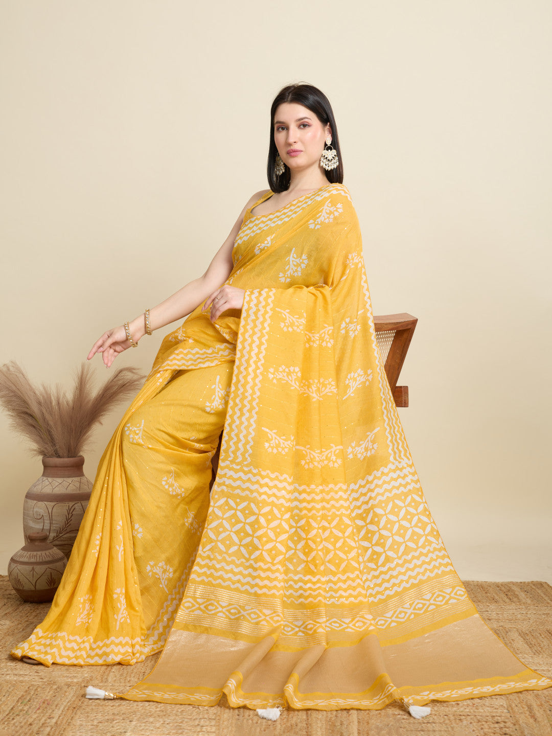 Yellow Batik Printed Soft Cotton Saree With Sequence Work