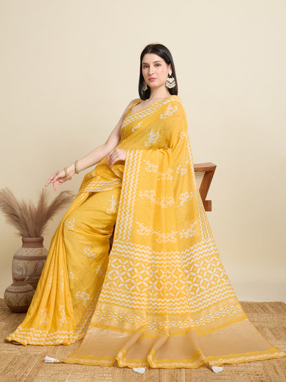 Yellow Batik Printed Soft Cotton Saree With Sequence Work