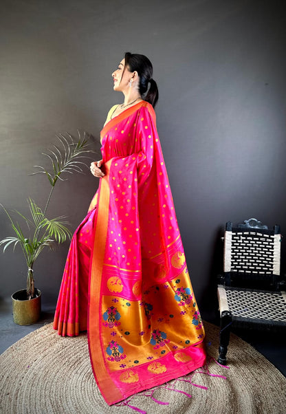 Pink Traditional Paithani Silk Saree With Zari Weaving Work