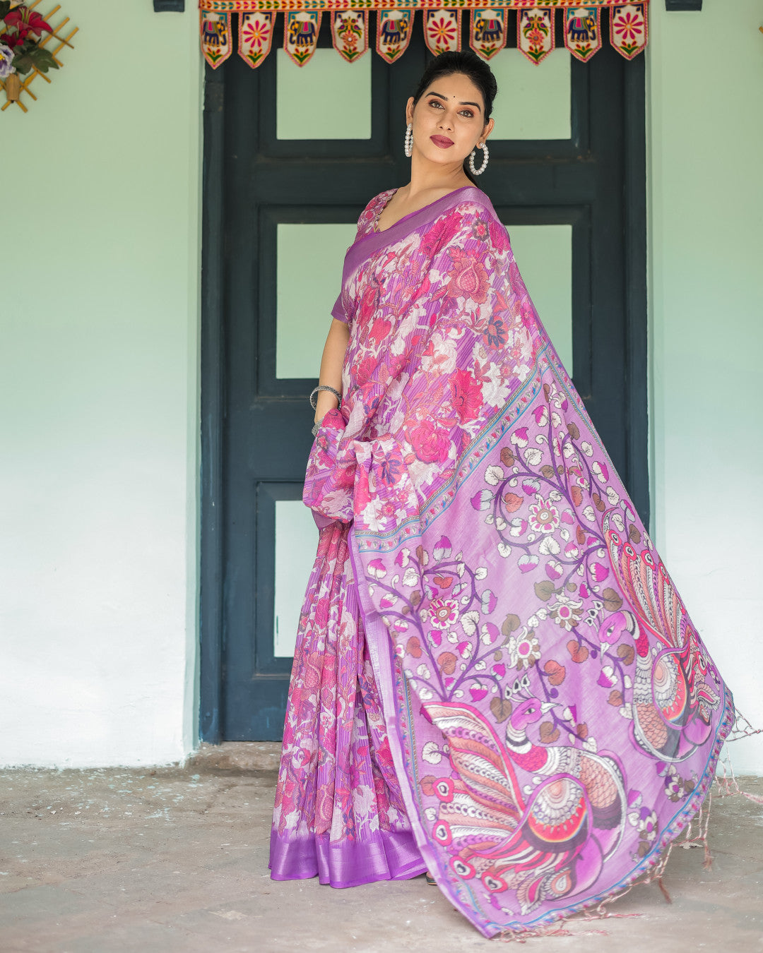 Pink Soft Linen Cotton Saree With Kalmkari Digital Printed Work