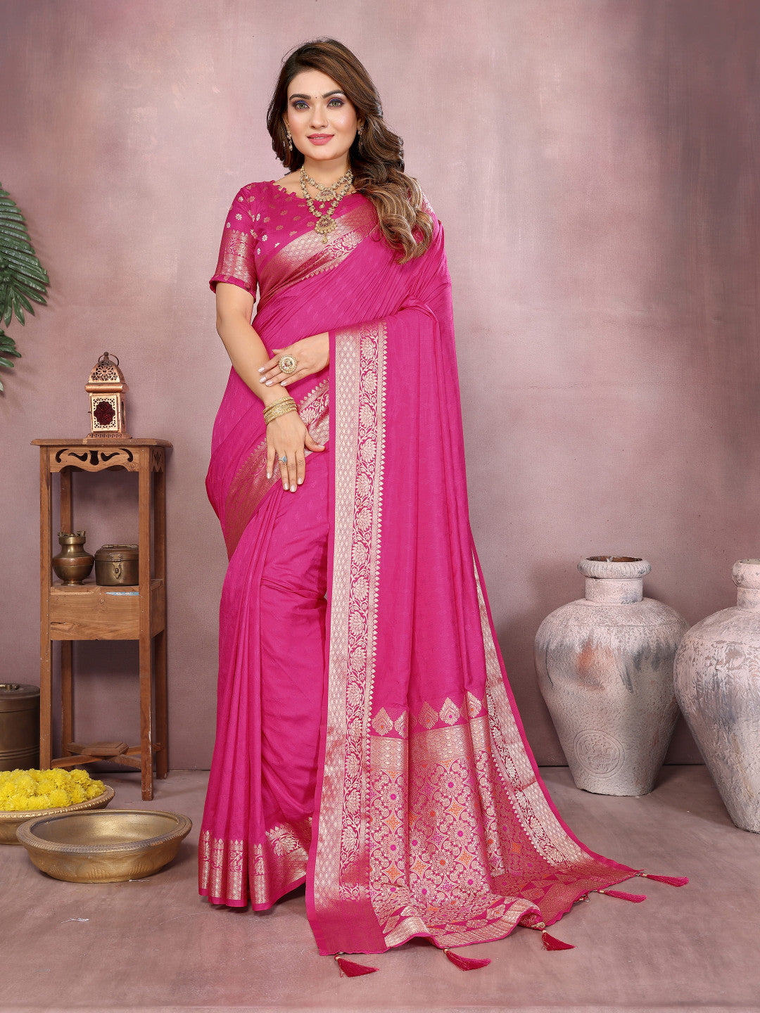 Pink Premium Dola Silk Saree With Meenakari Weaving Work