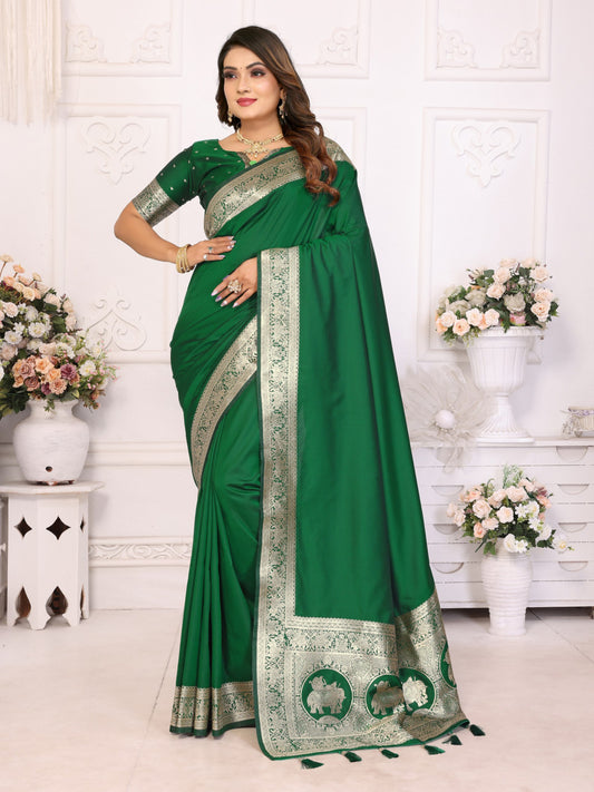 Premium Summer Special Green Banarasi Silk Saree With Gala Weaving Exclusive Work