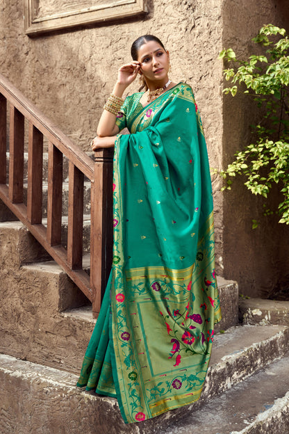 Traditional Rama Green Paithani Silk Saree With Zari Weaving Work