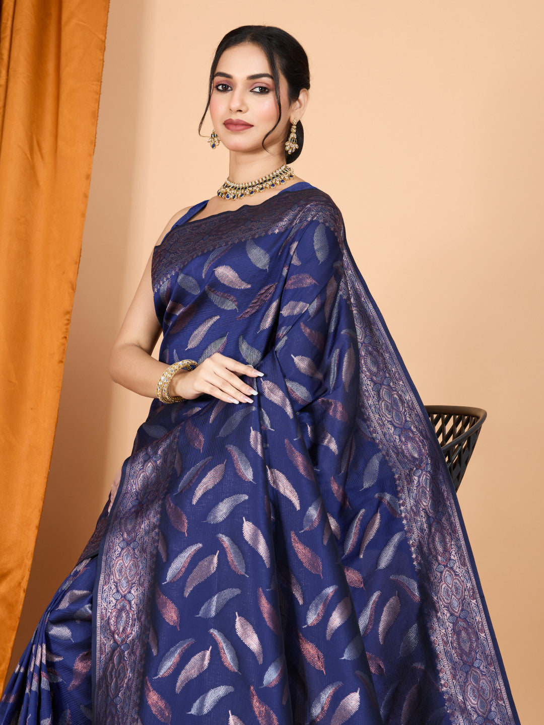 Navy Blue Traditional Banarasi Silk Saree With Zari Weaving Work