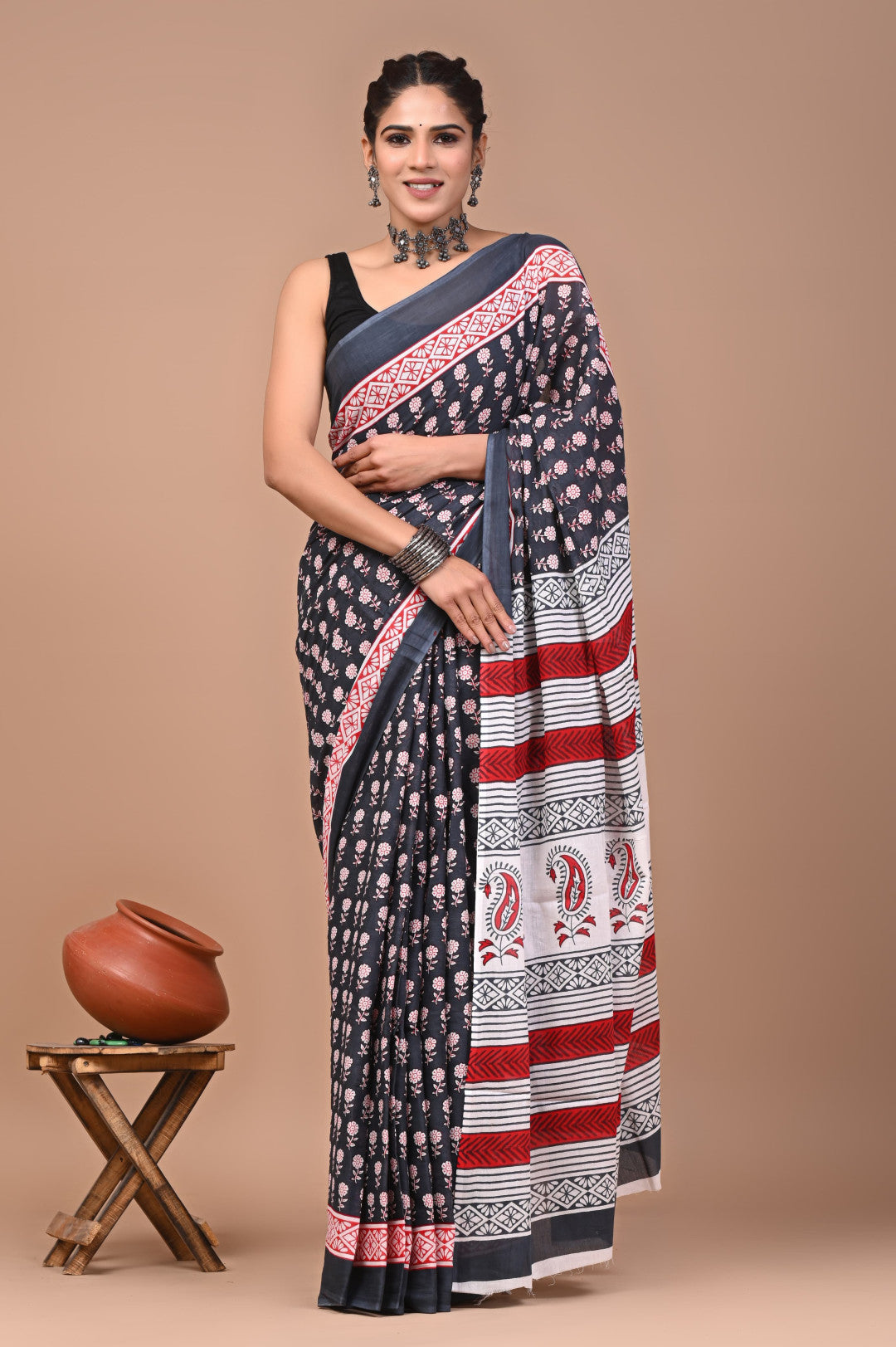 Multi Pure Mulmul Cotton Saree With Bagru Hand Block Printed Work