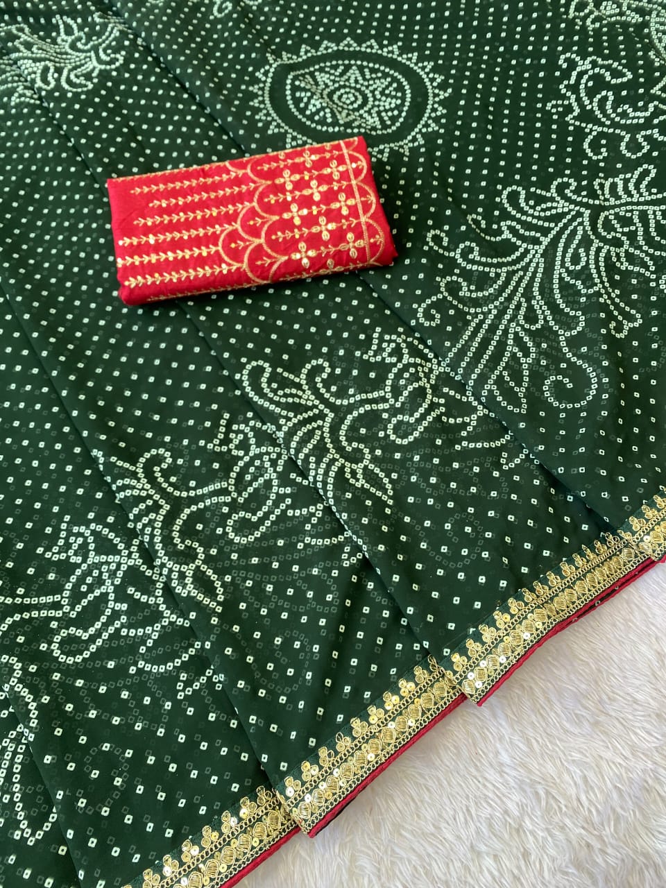 Green Color Georgette Bandhani Saree With Foil Print Work