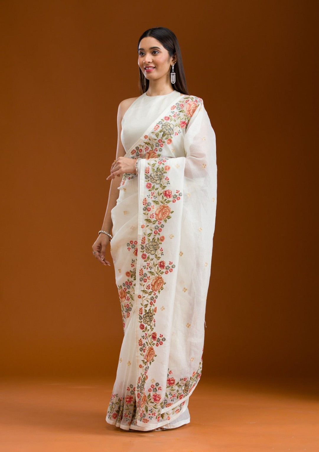 White Fancy Crunchy Silk Saree With Multi Thread Work And Piping Lace Border
