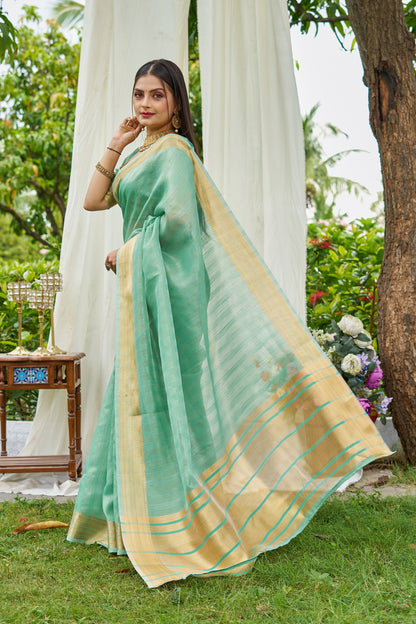 Sea Green Colour Linen Cotton Saree With Zari Weaving Border