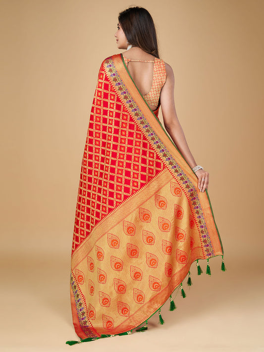 Red Color Patola Silk Saree With Zari Weaving Work