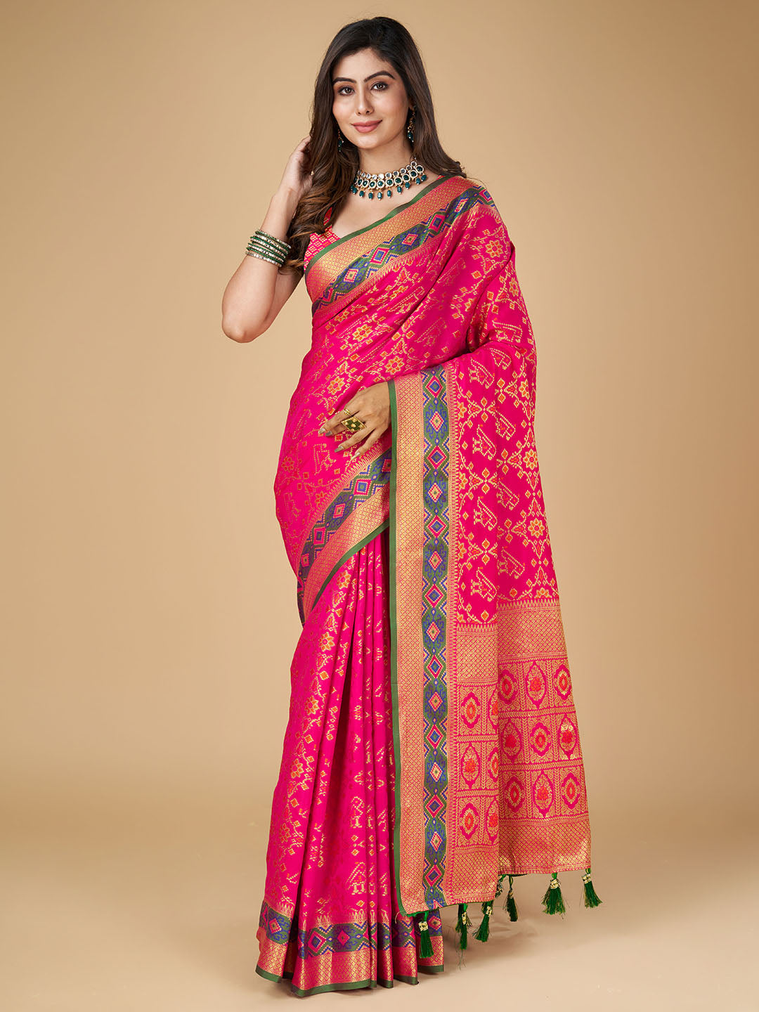 Pink Color Patola Silk Saree With Zari Weaving Work