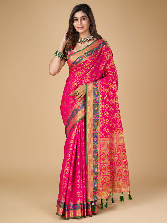 Pink Color Patola Silk Saree With Zari Weaving Work