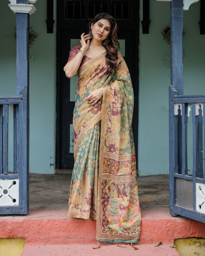 Multi Kalamkari Digital Printed Linen Cotton Saree