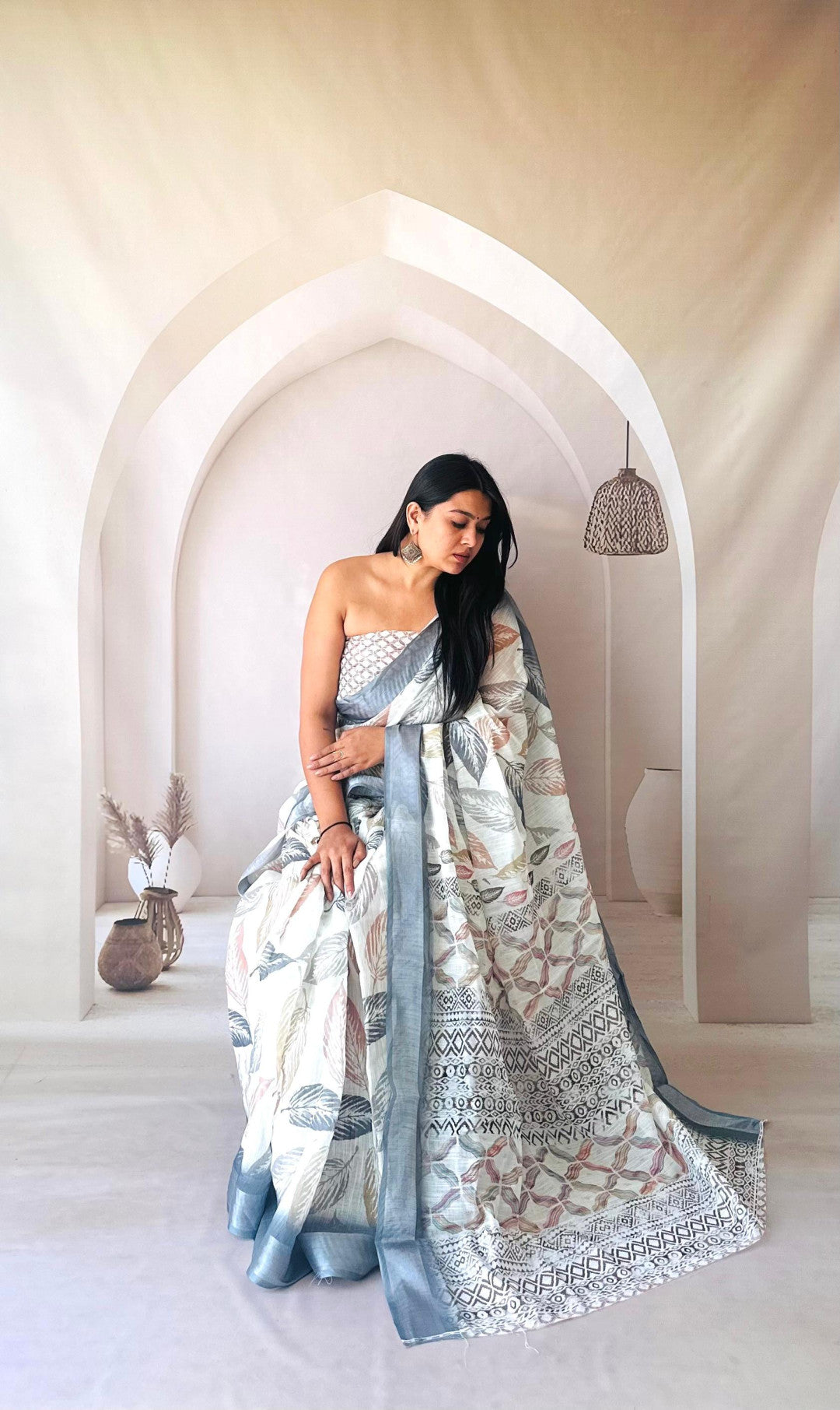 Off White Digital Printed Flowy Linen Cotton Saree