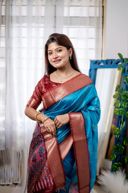 Firoji Color Tussar Silk Saree With Digital Printed Work
