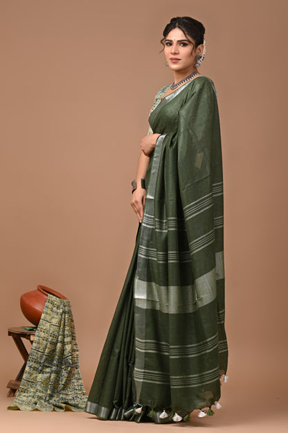 Mahendi Green Colour Pure Plain Linen Cotton Saree With Ajrakh Blockprinted Cotton Blouse