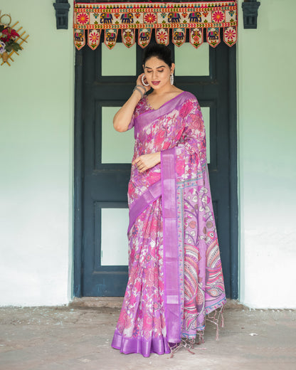 Pink Soft Linen Cotton Saree With Kalmkari Digital Printed Work