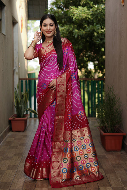 Multi Color Soft Bandhej Silk Saree With Zari Weaving Work