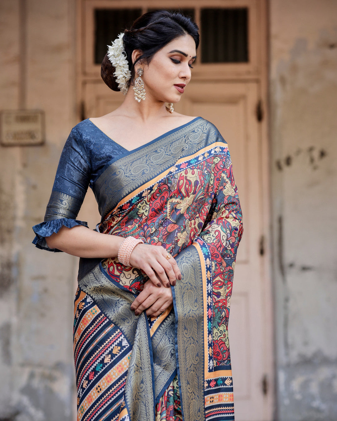 Multi Digital Kalamkari Printed Tussar Silk Saree With Zari Motif Border