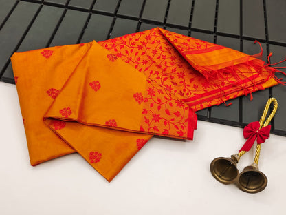 Orange Color Khadi Raw Silk Saree With Jamdani Weaving Border