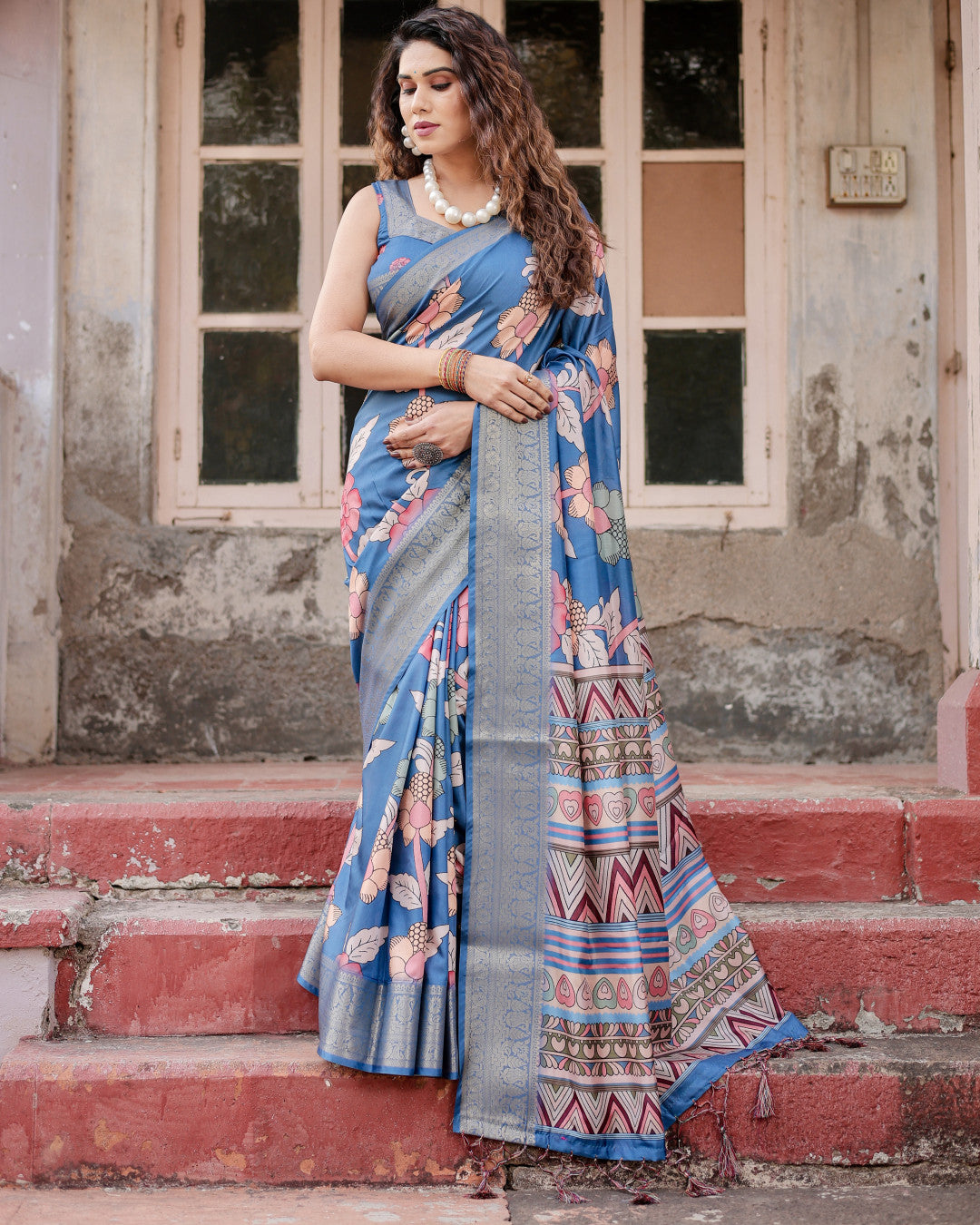 Blue Digital Kalamkari Printed Tussar Silk Saree With Zari Motif Border