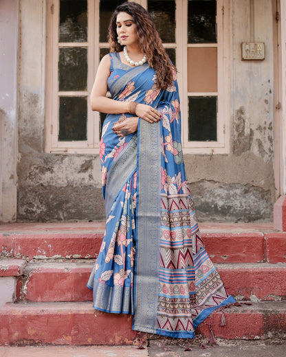 Blue Digital Kalamkari Printed Tussar Silk Saree With Zari Motif Border