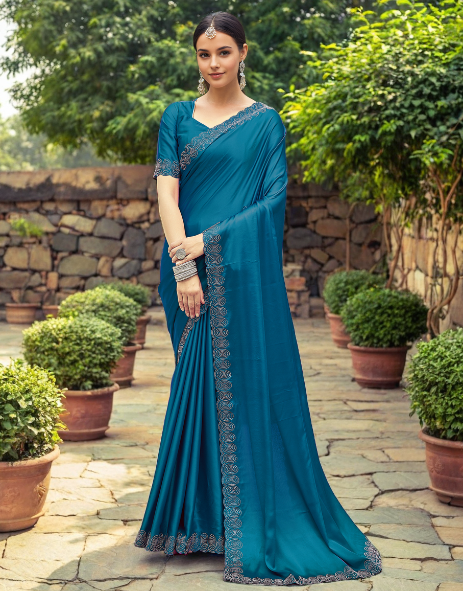 Teal Blue Rangoli Silk Saree With Beautiful Siroski Work